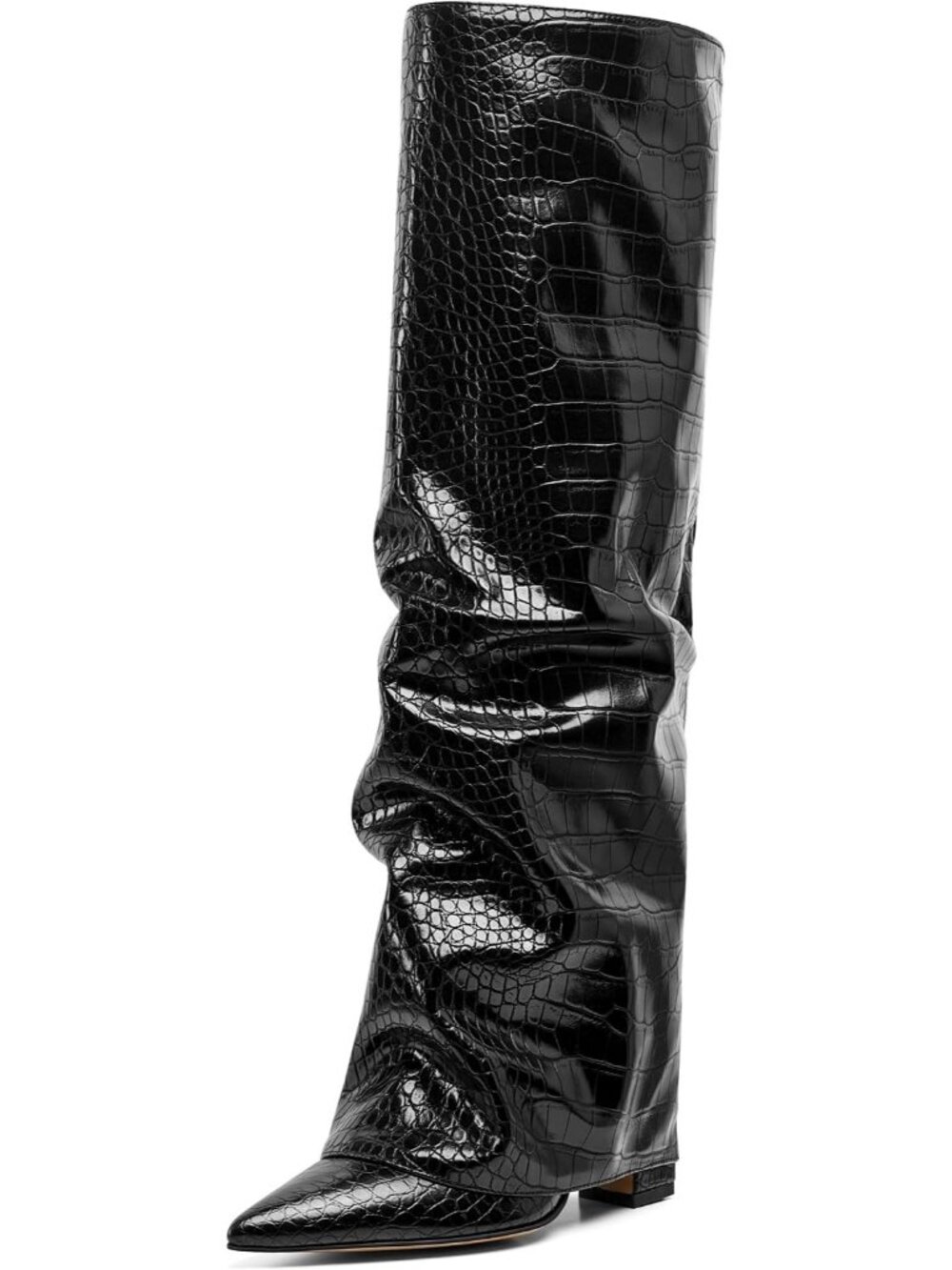 Women's Black Pointed Toe Fold Over Solid Chunky Shark Slouchy Knee High Boot